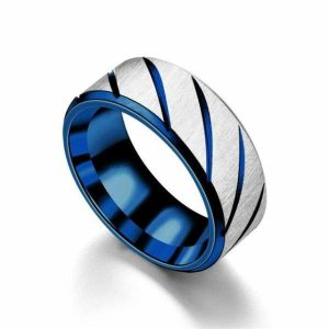 Band Rings | Mens Blue Striped Stainless Steel Ring Band Rings Band Rings