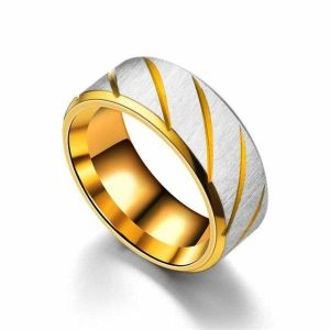 Band Rings | Mens Gold Striped Stainless Steel Ring Band Rings Band Rings