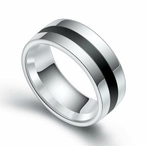 Band Rings | Mens Silver & Black Steel Ring Band Rings Band Rings