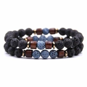 Beaded Bracelets | Mens Beaded Blue Wooden Bracelet Set Beaded Bracelets Beaded Bracelets