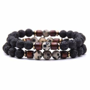 Beaded Bracelets | Mens Beaded Dalmatian Wooden Bracelet Set Beaded Bracelets Beaded Bracelets