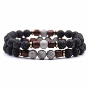 Beaded Bracelets | Mens Beaded Silver Wooden Bracelet Set Beaded Bracelets Beaded Bracelets