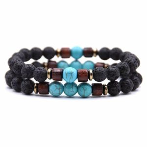 Beaded Bracelets | Mens Beaded Turquoise Wooden Bracelet Set Beaded Bracelets Beaded Bracelets