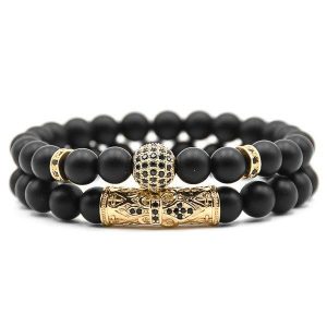 Beaded Bracelets | Mens Gold Matte Black Bracelet Set Beaded Bracelets Beaded Bracelets