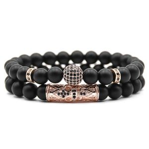 Beaded Bracelets | Mens Rose Gold Matte Black Bracelet Set Beaded Bracelets Beaded Bracelets