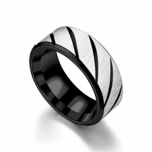 Dress Rings | Mens Black Striped Stainless Steel Ring Band Rings Band Rings