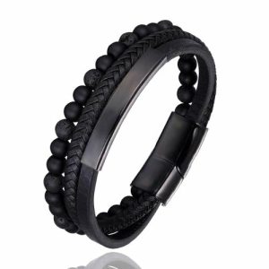 Leather Bracelets | Mens Black 3-Layer Beaded Leather Bracelet | 3 Styles Beaded Bracelets Beaded Bracelets