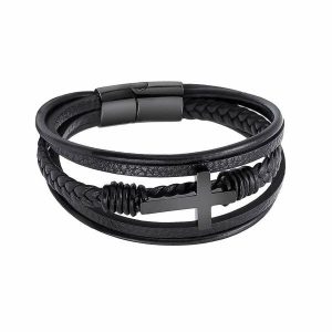 Leather Bracelets | Mens Black Cross Leather Bracelet Bracelets Leather Bracelets