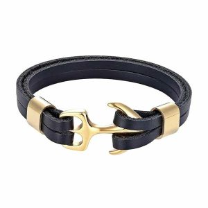 Leather Bracelets | Mens Black & Gold Leather Anchor Bracelet Anchor Bracelets Anchor Bracelets