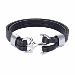 Leather Bracelets | Mens Black & Silver Leather Anchor Bracelet Anchor Bracelets Anchor Bracelets