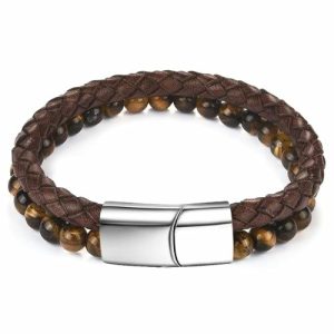 Leather Bracelets | Mens Brown Dual Beaded Leather Bracelet Beaded Bracelets Beaded Bracelets