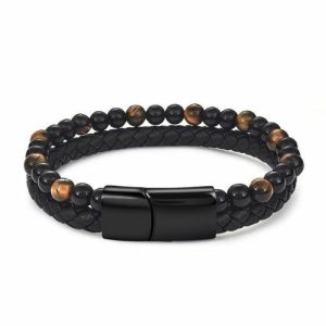 Leather Bracelets | Mens Dual Beaded Leather Bracelet Beaded Bracelets Beaded Bracelets