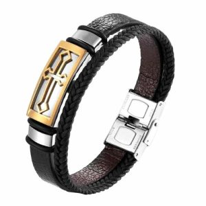 Leather Bracelets | Mens Gold Cross Leather Band Bracelet Bracelets Leather Bracelets