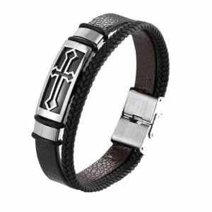 Leather Bracelets | Mens Silver Cross Leather Band Bracelet Bracelets Leather Bracelets