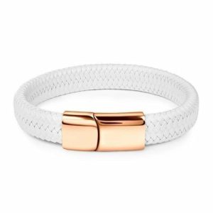 Leather Bracelets | Mens White & Rose Gold Braided Leather Bracelet Bracelets Leather Bracelets