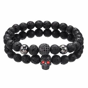 Beaded Bracelets | Mens Beaded Lava Stone Skull Bracelet Set Beaded Bracelets Beaded Bracelets