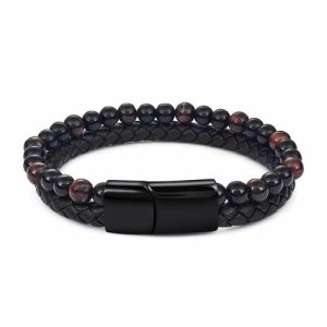 Beaded Bracelets | Mens Black Dual Beaded Leather Bracelet Beaded Bracelets Beaded Bracelets