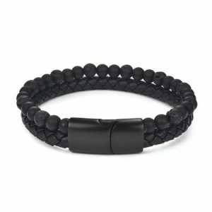 Leather Bracelets | Mens Burnt Black Dual Beaded Leather Bracelet Beaded Bracelets Beaded Bracelets